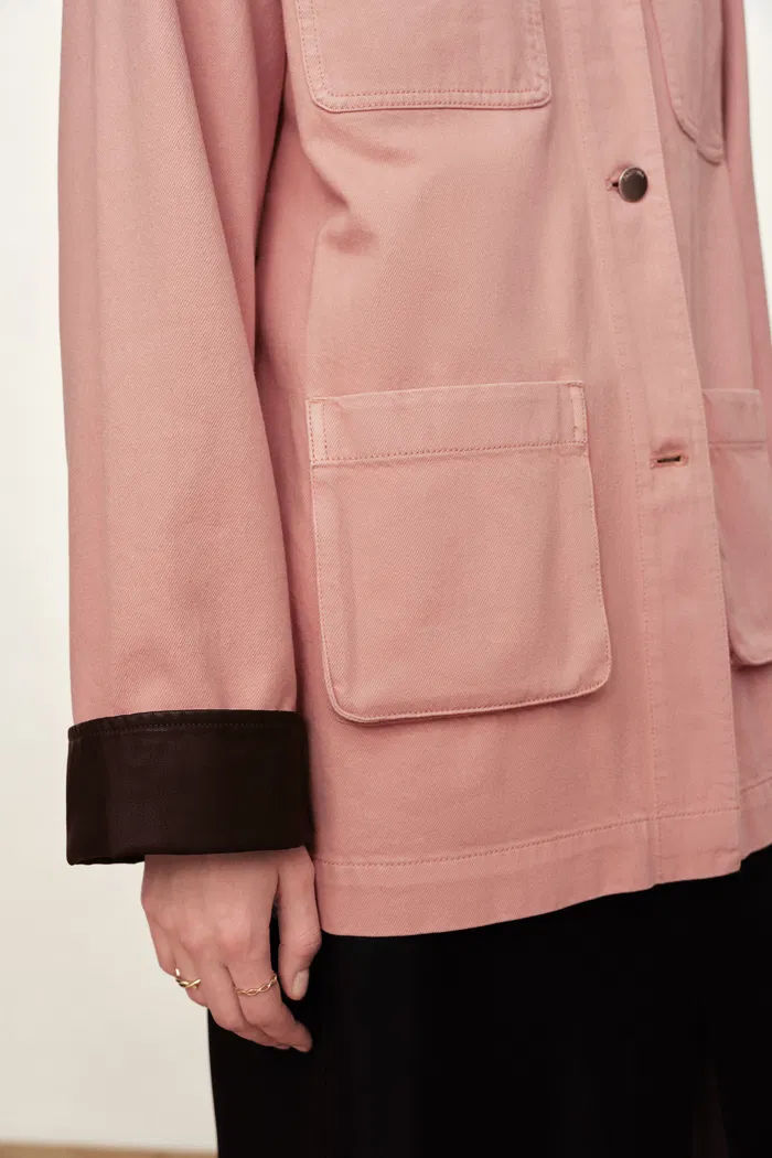 Telmo Dusty Pink Leather Collar Patch Pocket Jacket in Cotton Denim - Image 8