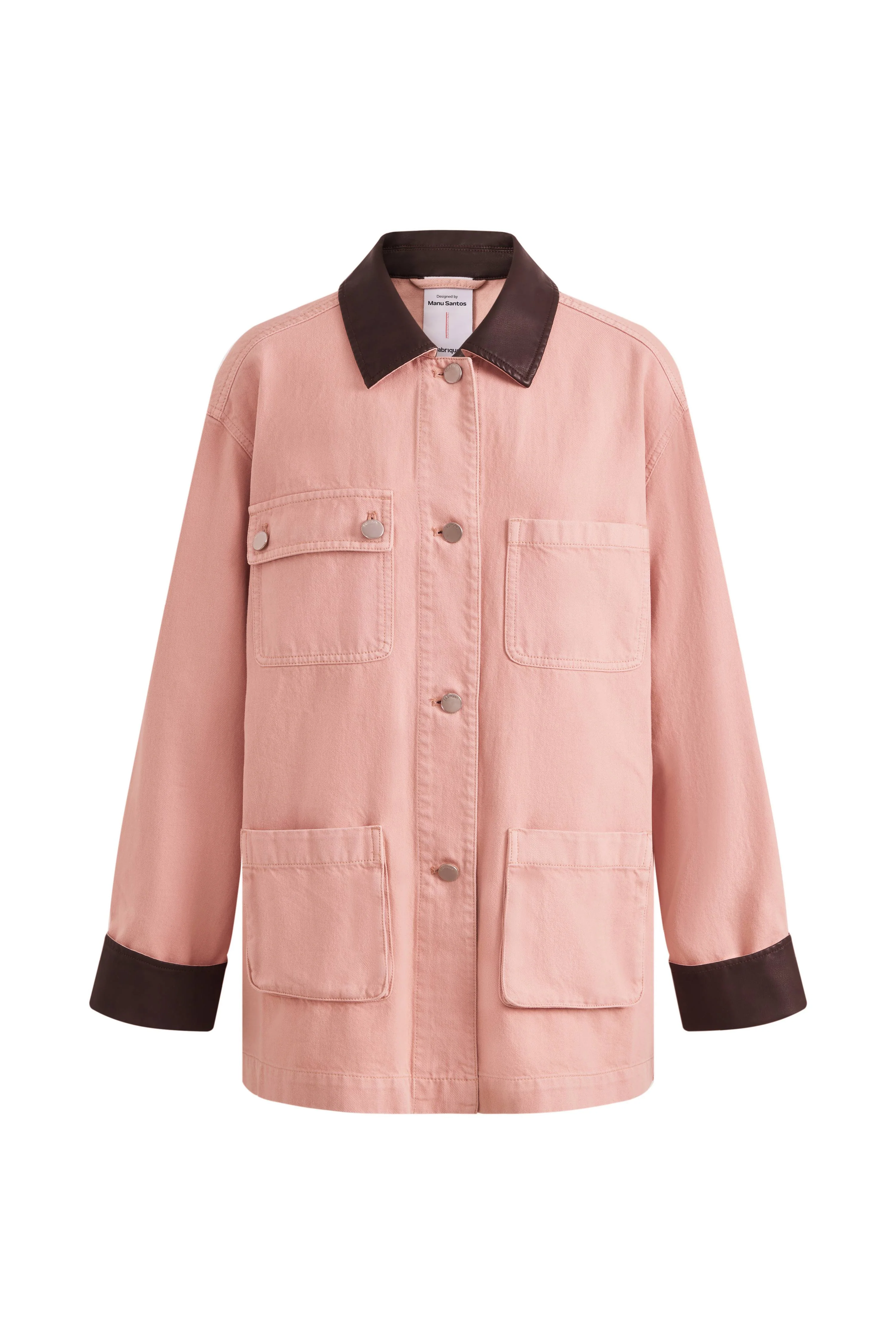Telmo Dusty Pink Leather Collar Patch Pocket Jacket in Cotton Denim - Image 9
