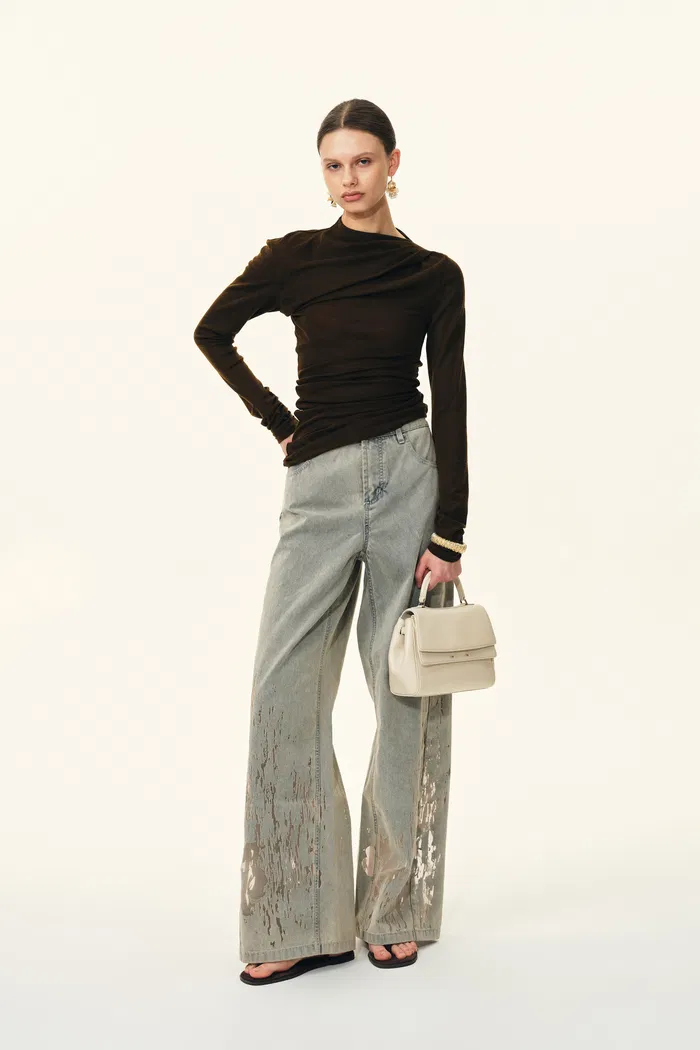 Thalia Devoré Jeans in Composite Denim-Washed Grey Denim - Image 4