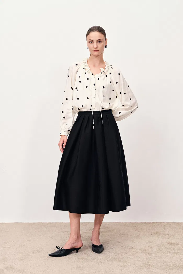 Tia Mixed Width Pleats Midi Bubble Skirt in Fine Silk-Wool Satin - Image 2