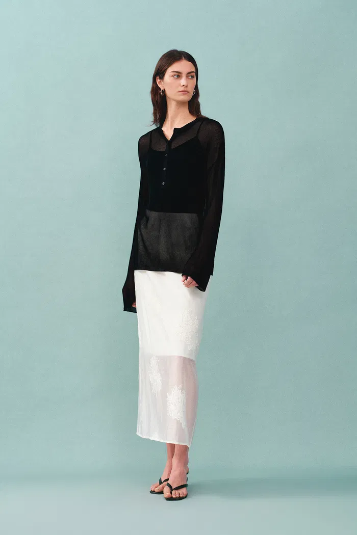 Tracy Semi Sheer Buttoned Blouse in Tencel Silk Knit - Image 5