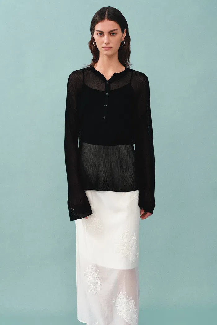 Tracy Semi Sheer Buttoned Blouse in Tencel Silk Knit - Image 6