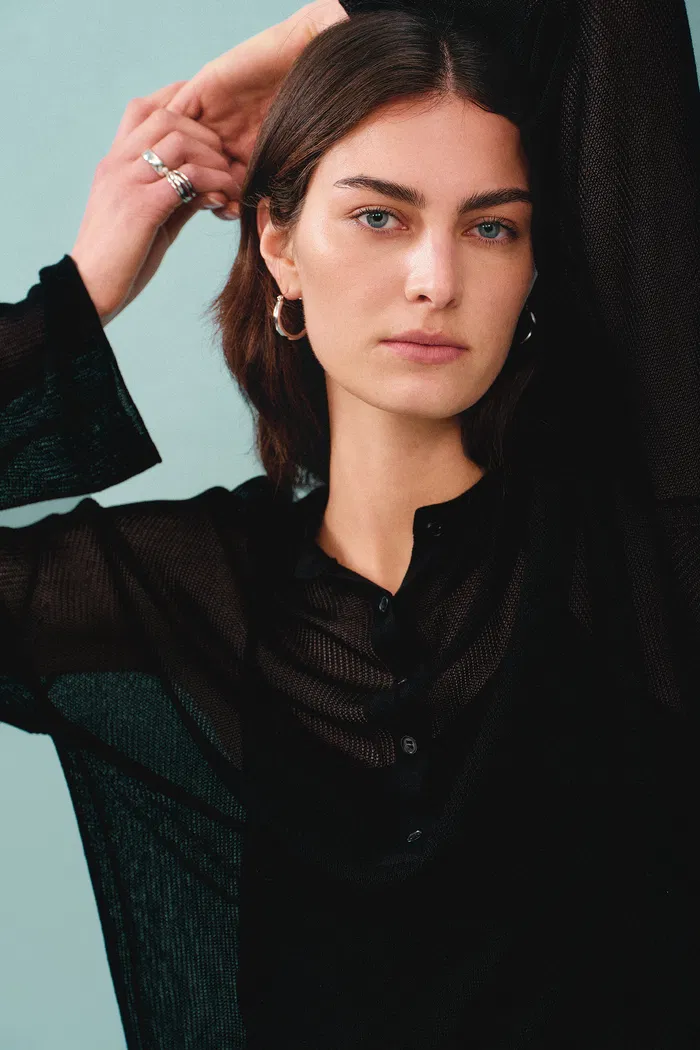 Tracy Semi Sheer Buttoned Blouse in Tencel Silk Knit - Image 8