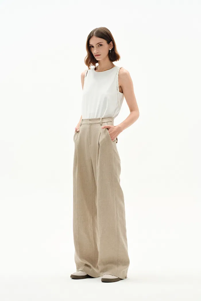 Troy Front Pleated Wide Leg Suit Pants in Dew Retted French Linen - Image 3