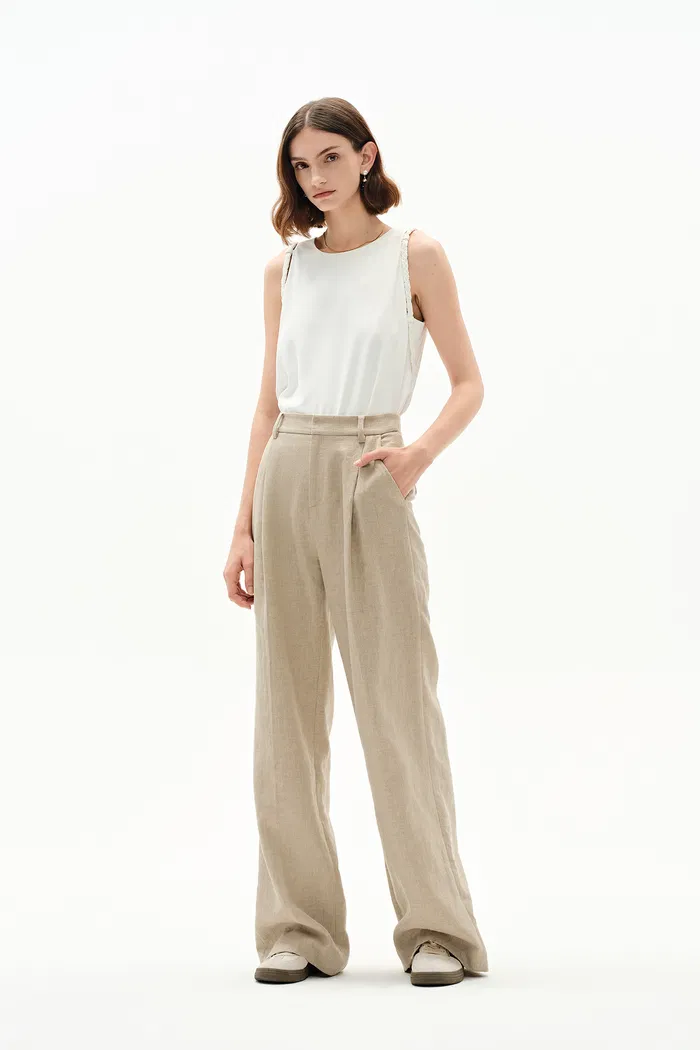 Troy Front Pleated Wide Leg Suit Pants in Dew Retted French Linen - Image 4