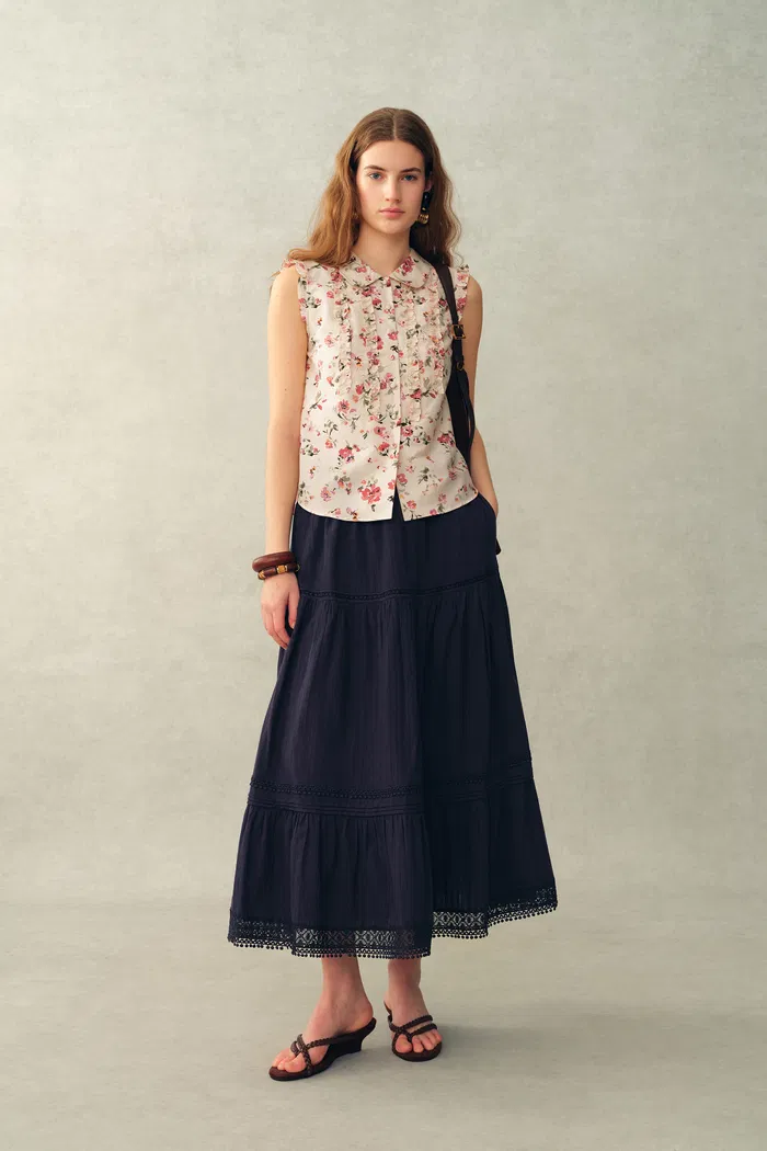 Ursa Hand Painted Floral Sleeveless Top in Silk Cotton Blend