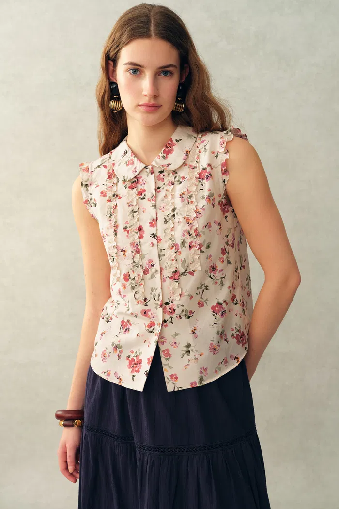 Ursa Hand Painted Floral Sleeveless Top in Silk Cotton Blend - Image 2