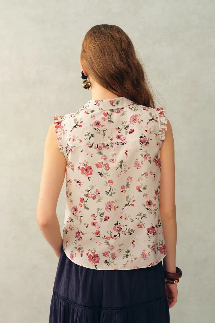 Ursa Hand Painted Floral Sleeveless Top in Silk Cotton Blend - Image 3