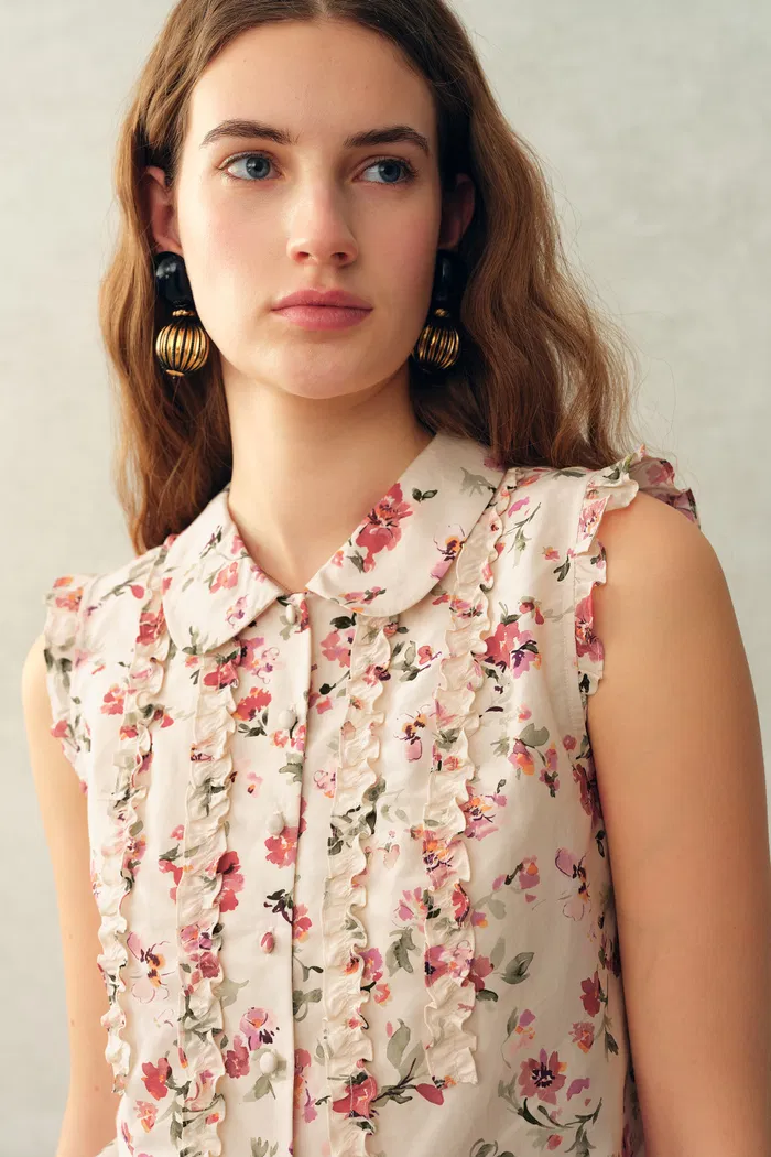 Ursa Hand Painted Floral Sleeveless Top in Silk Cotton Blend - Image 4