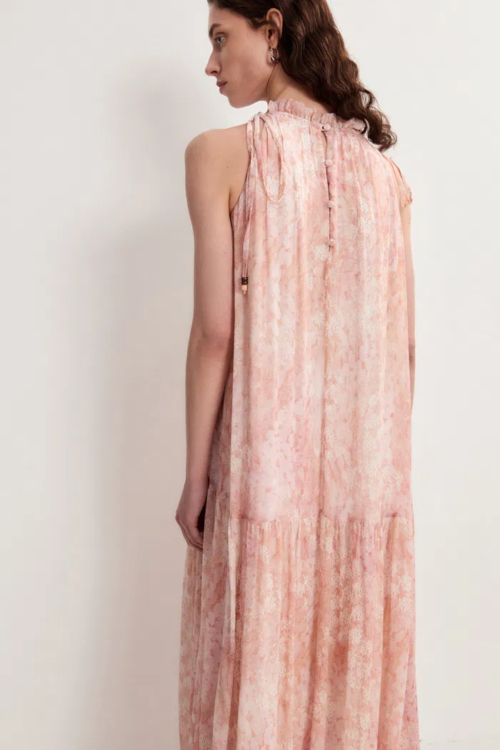 Vale Halter Hand Painted Flora Print Halter Dress in Crinkled Rayon - Image 2