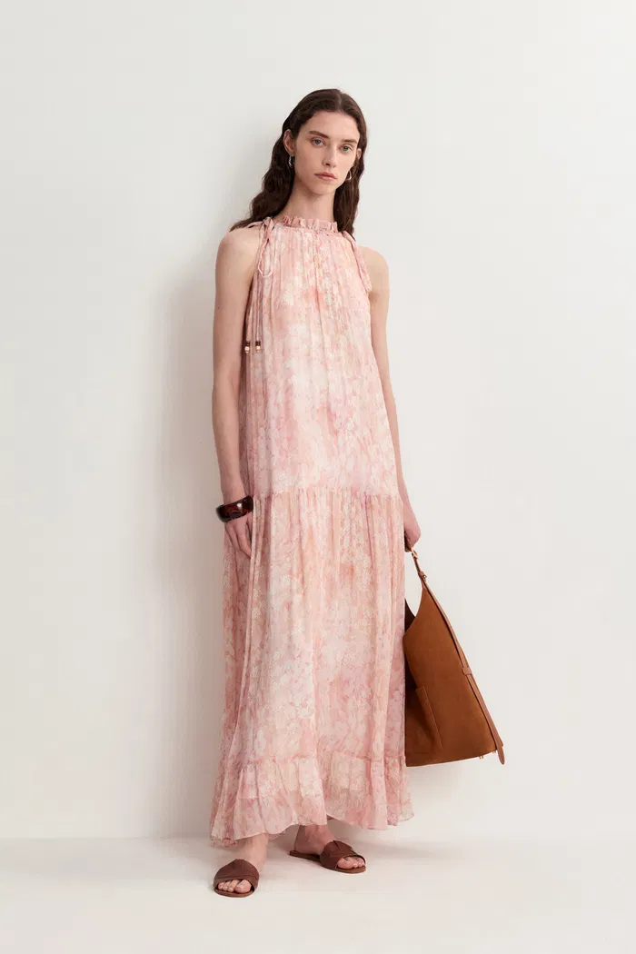 Vale Halter Hand Painted Flora Print Halter Dress in Crinkled Rayon - Image 3