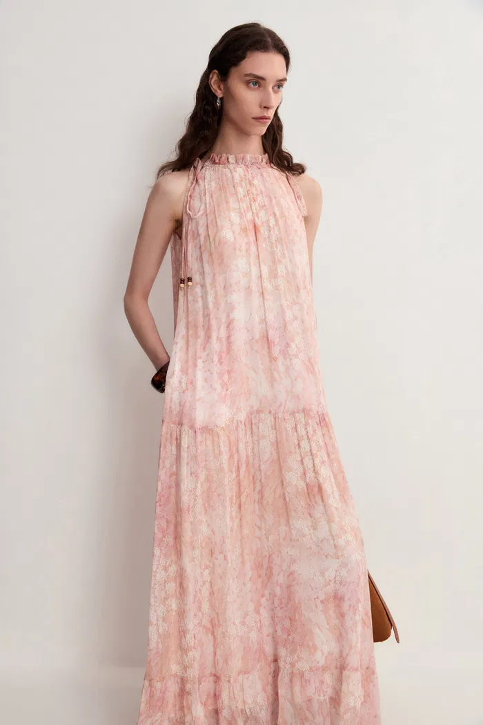 Vale Halter Hand Painted Flora Print Halter Dress in Crinkled Rayon - Image 4