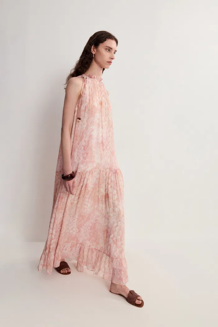 Vale Halter Hand Painted Flora Print Halter Dress in Crinkled Rayon - Image 5