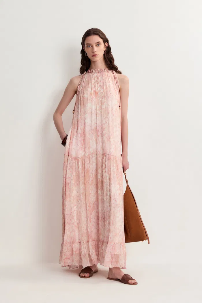 Vale Halter Hand Painted Flora Print Halter Dress in Crinkled Rayon - Image 7