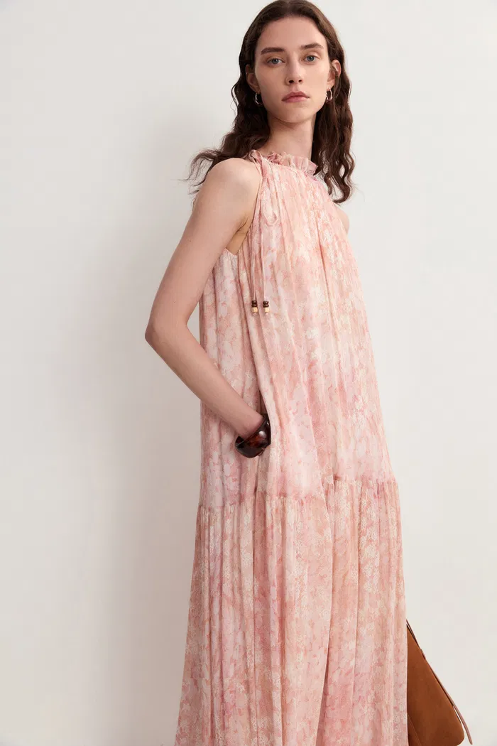 Vale Halter Hand Painted Flora Print Halter Dress in Crinkled Rayon - Image 9