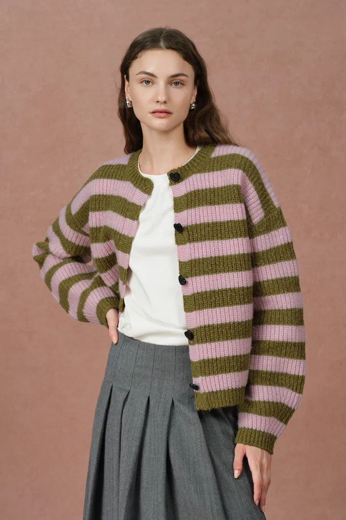 Valentina Balloon Sleeve Striped Cardigan in Merino Wool Knit - Image 2