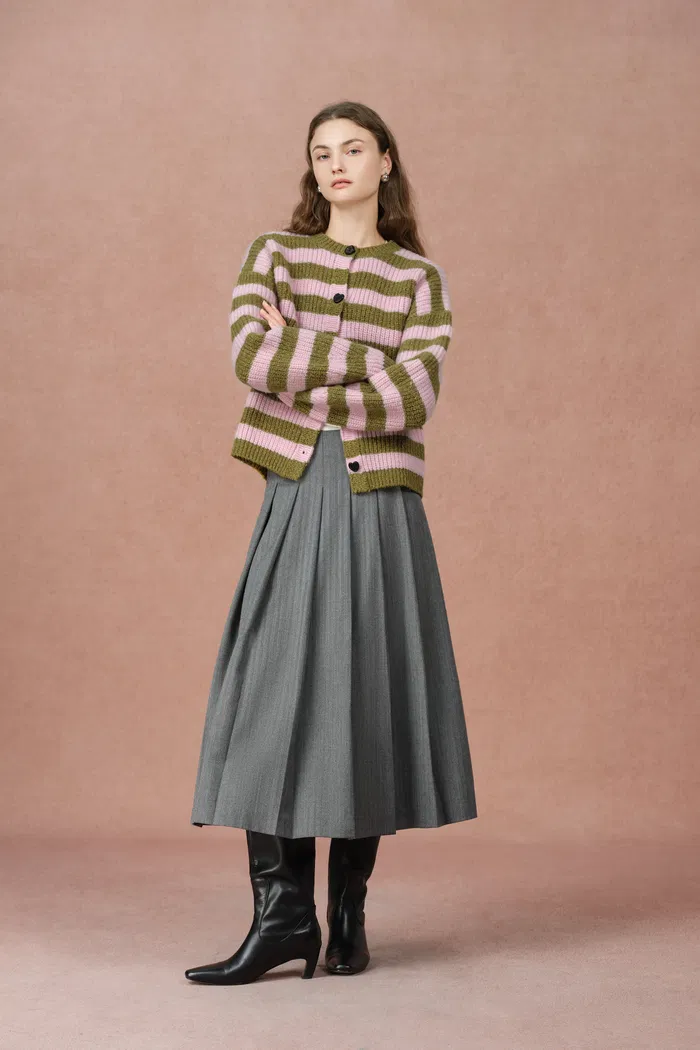 Valentina Balloon Sleeve Striped Cardigan in Merino Wool Knit - Image 3