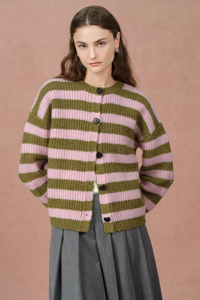 Valentina Balloon Sleeve Striped Cardigan in Merino Wool Knit - Image 4