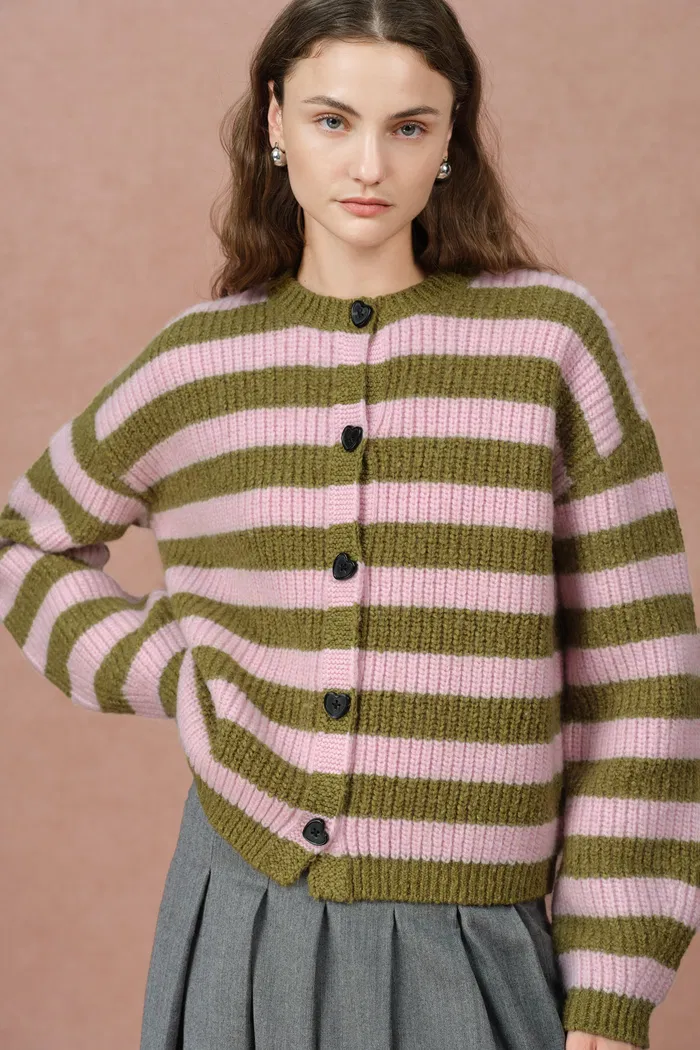 Valentina Balloon Sleeve Striped Cardigan in Merino Wool Knit - Image 5