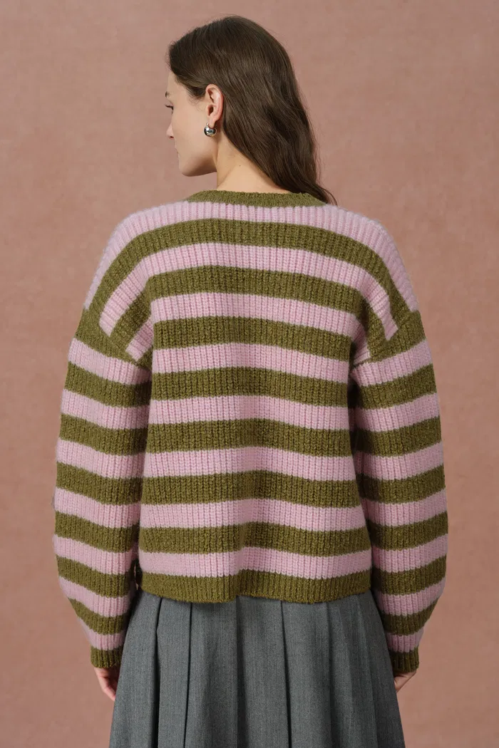 Valentina Balloon Sleeve Striped Cardigan in Merino Wool Knit - Image 6