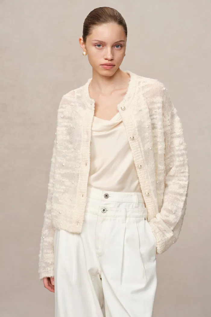 Vega Hand Swen Pearl Cardigan in Alpaca Blend Bouclé Knit - Image 2