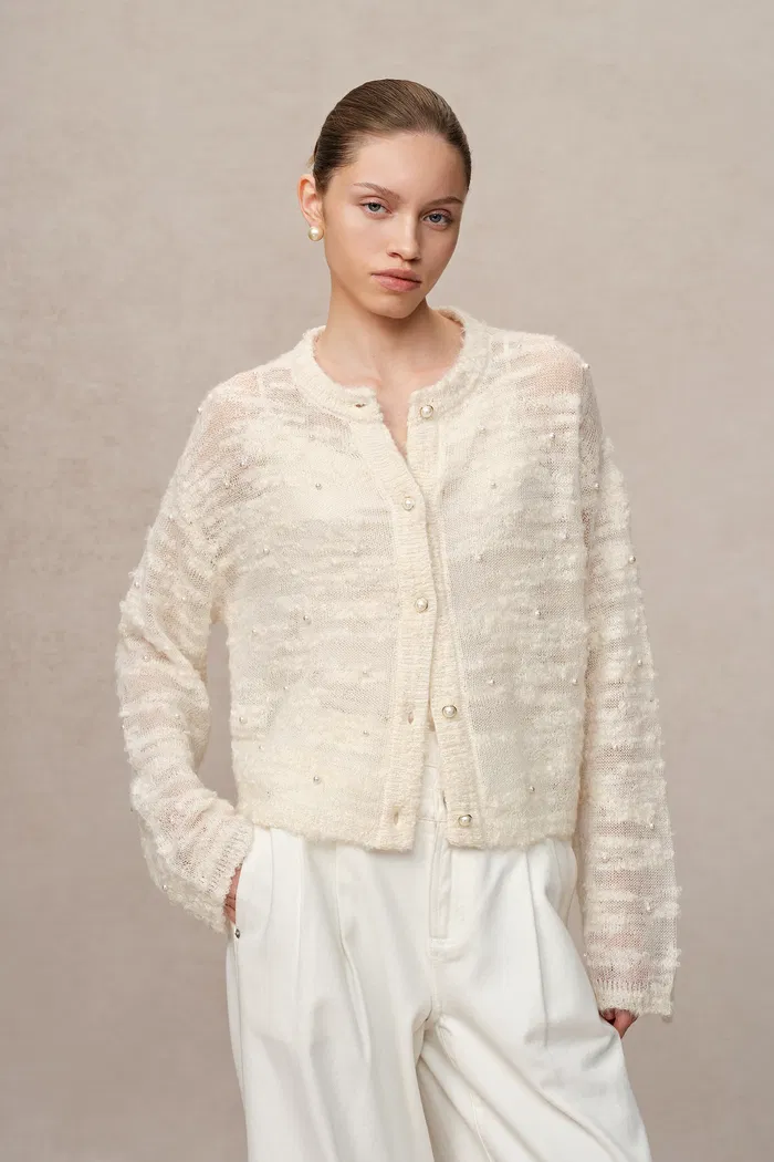 Vega Hand Swen Pearl Cardigan in Alpaca Blend Bouclé Knit - Image 4