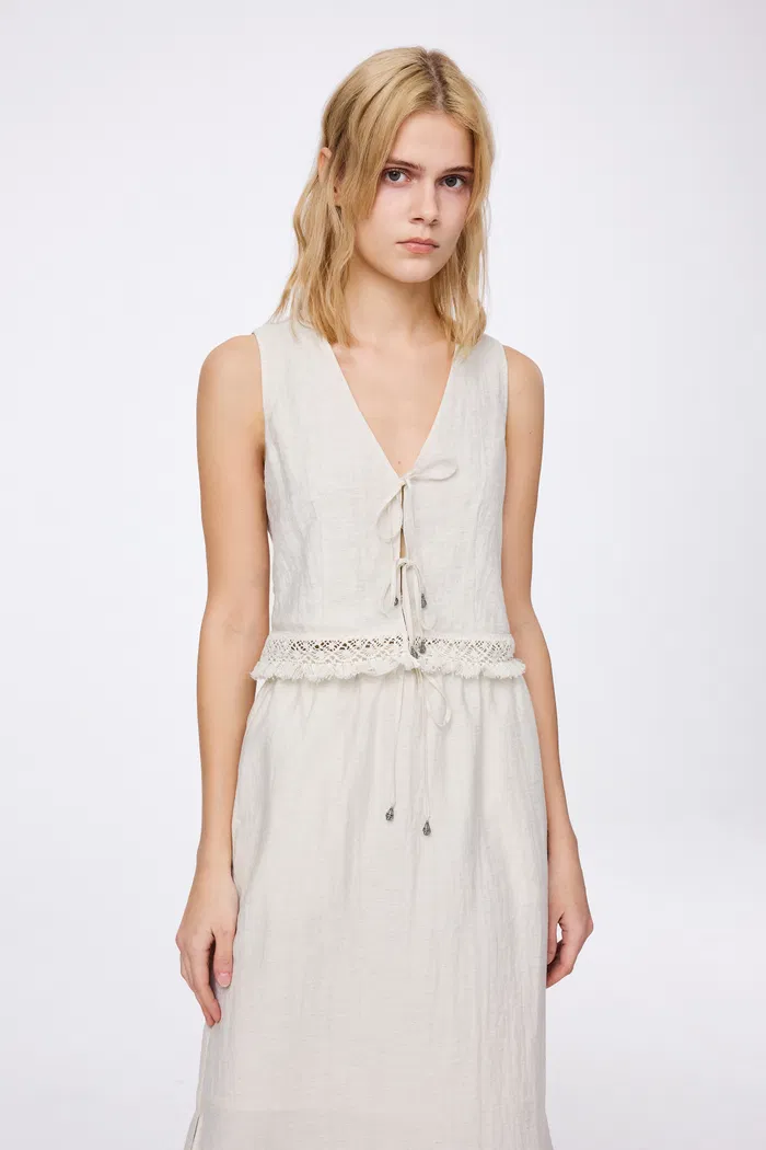 Velia Fringed Vest Set in Cotton Linen - Image 6
