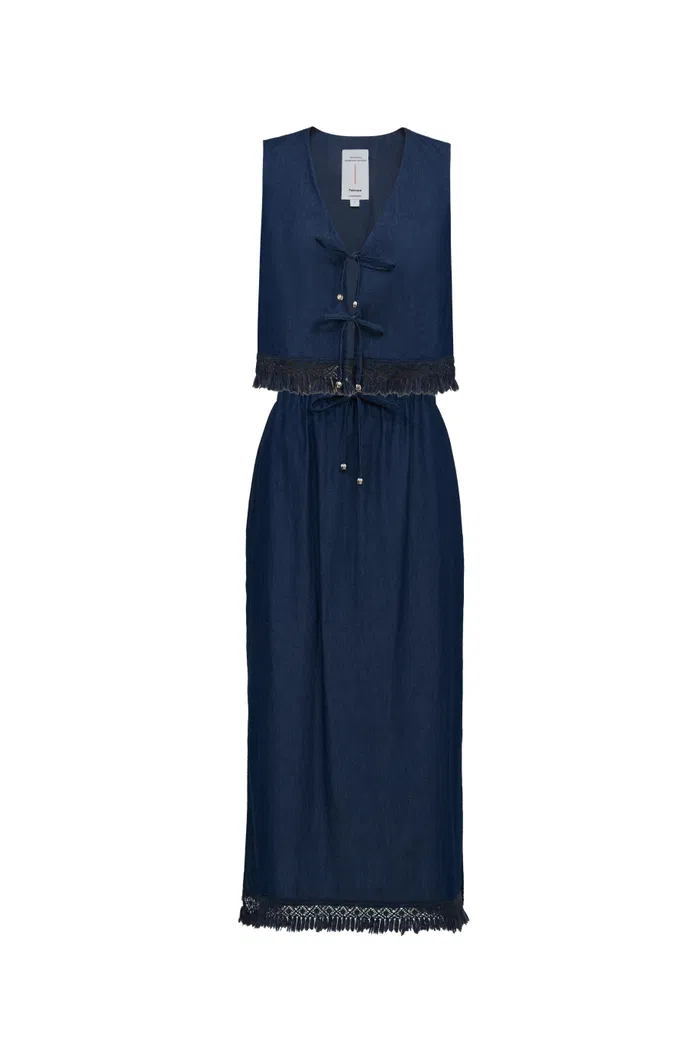 Velia Handcrafted Tassel Vest and Skirt Set in Cotton Denim - Image 10