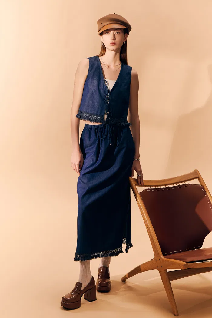 Velia Handcrafted Tassel Vest and Skirt Set in Cotton Denim - Image 2