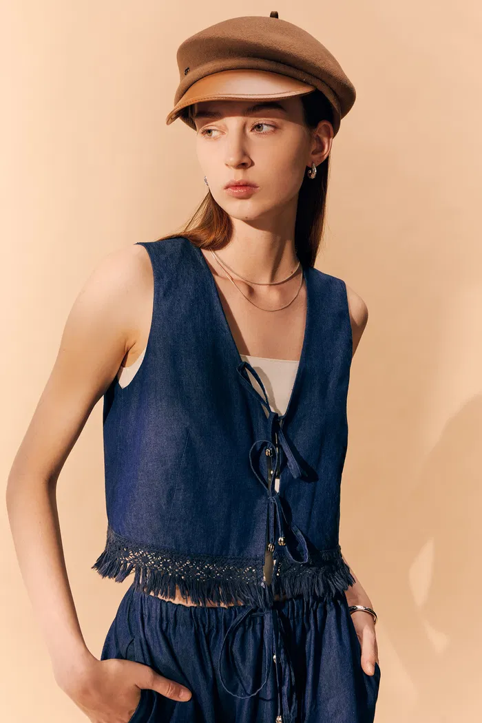 Velia Handcrafted Tassel Vest and Skirt Set in Cotton Denim - Image 3