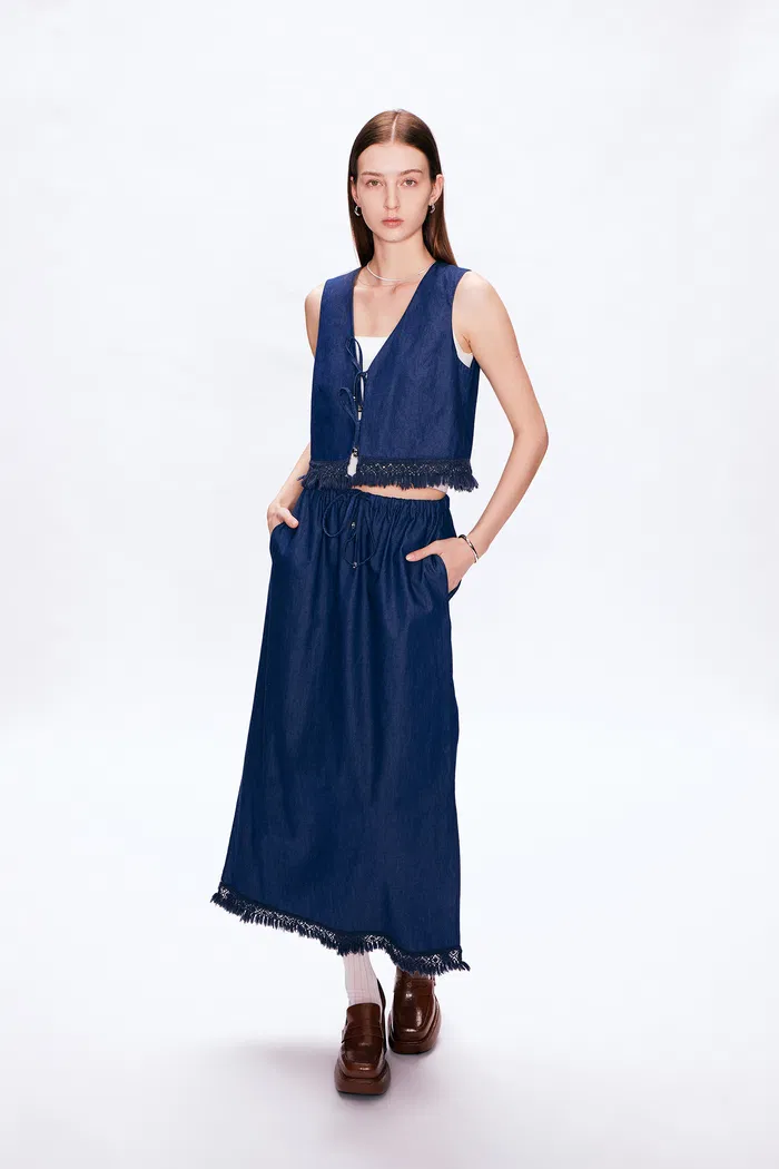 Velia Handcrafted Tassel Vest and Skirt Set in Cotton Denim - Image 4