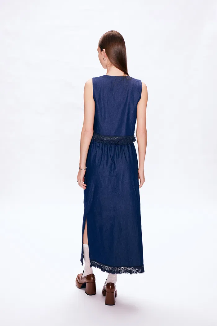 Velia Handcrafted Tassel Vest and Skirt Set in Cotton Denim - Image 5