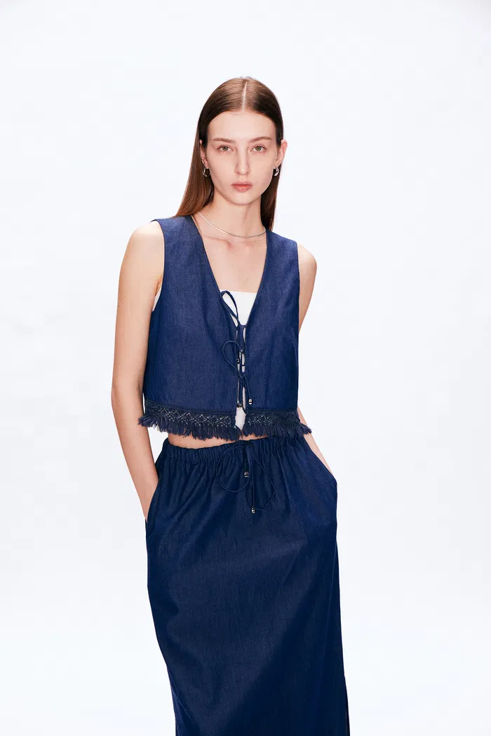 Velia Handcrafted Tassel Vest and Skirt Set in Cotton Denim - Image 6