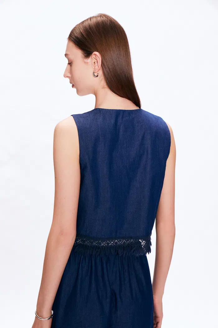 Velia Handcrafted Tassel Vest and Skirt Set in Cotton Denim - Image 7