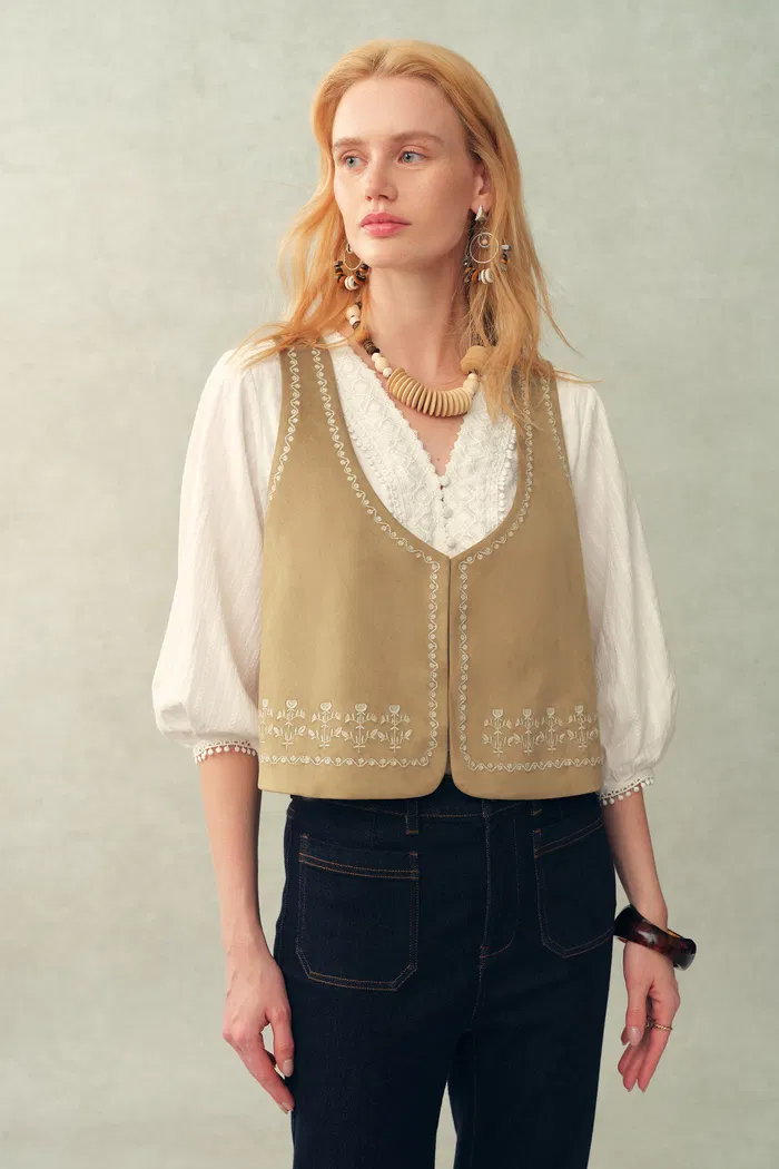 Vestsue Faux Embroidered Suede Sleeveless Vest Top - Image 2
