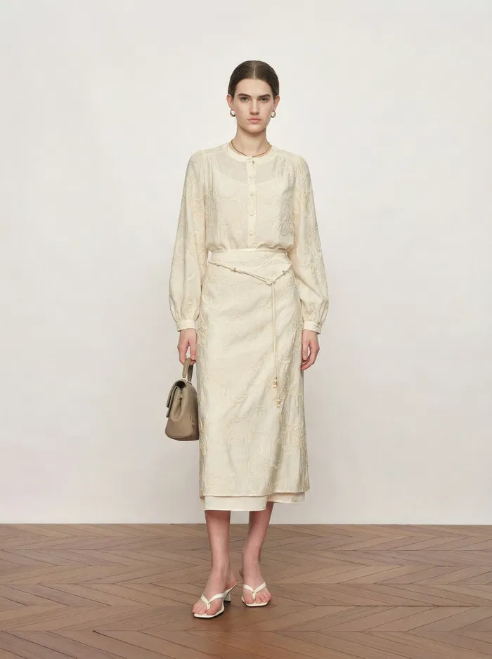 Veyra Embroidered Collarless Shirt and Skirt Matching Set in Lightweight Cotton Blend