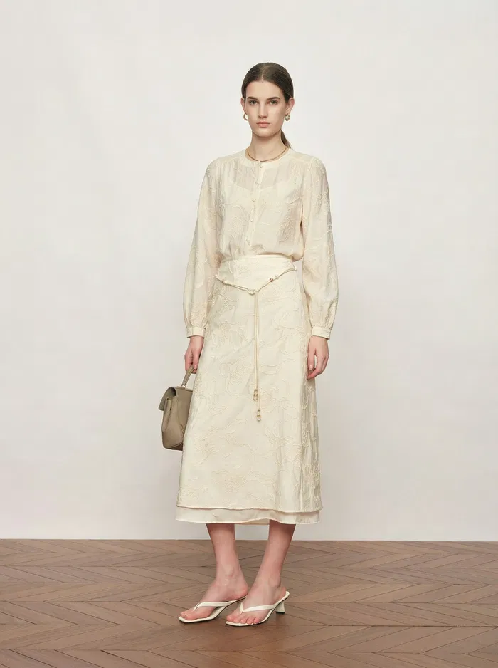 Veyra Embroidered Collarless Shirt and Skirt Matching Set in Lightweight Cotton Blend - Image 2