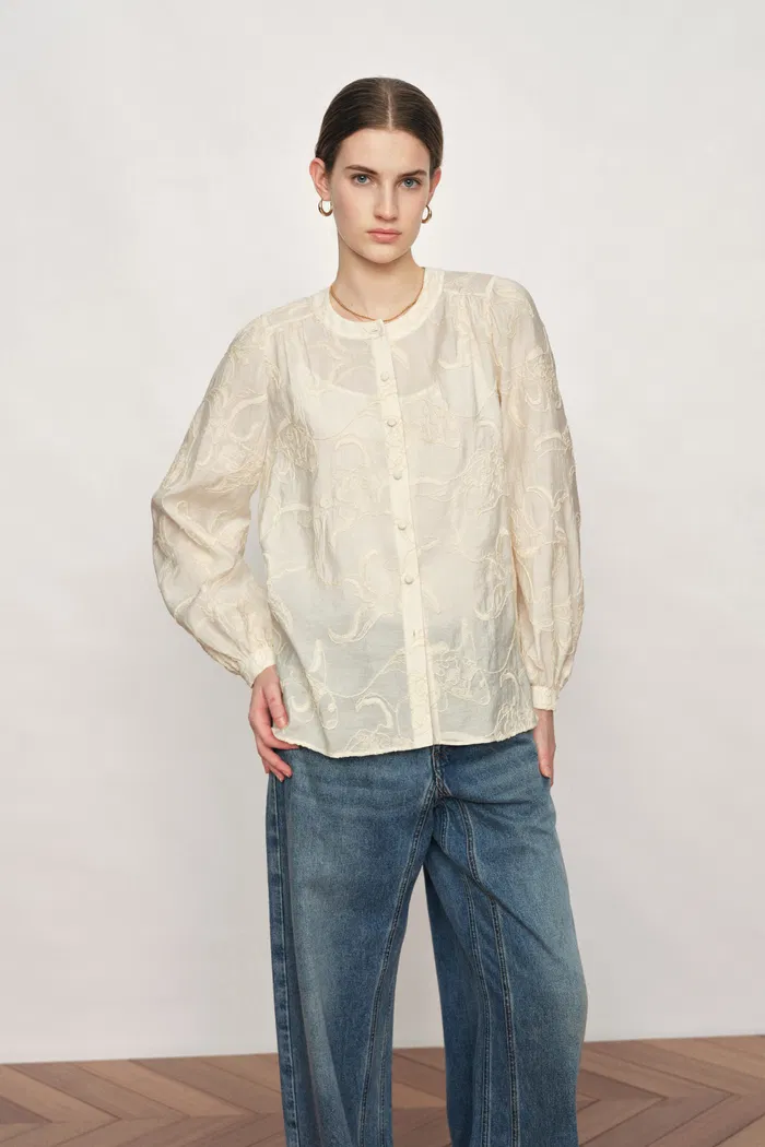 Veyra Embroidered Collarless Shirt and Skirt Matching Set in Lightweight Cotton Blend - Image 3