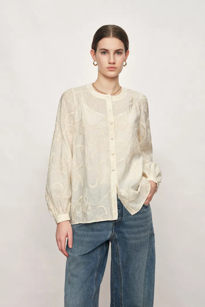 Veyra Embroidered Collarless Shirt and Skirt Matching Set in Lightweight Cotton Blend - Image 4
