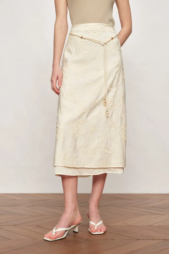 Veyra Embroidered Collarless Shirt and Skirt Matching Set in Lightweight Cotton Blend - Image 7