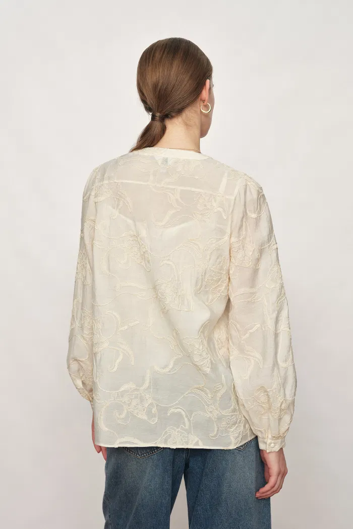 Veyra Embroidered Collarless Shirt in Lightweight Cotton Blend - Image 3
