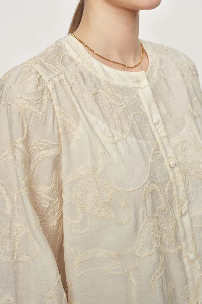 Veyra Embroidered Collarless Shirt in Lightweight Cotton Blend - Image 4
