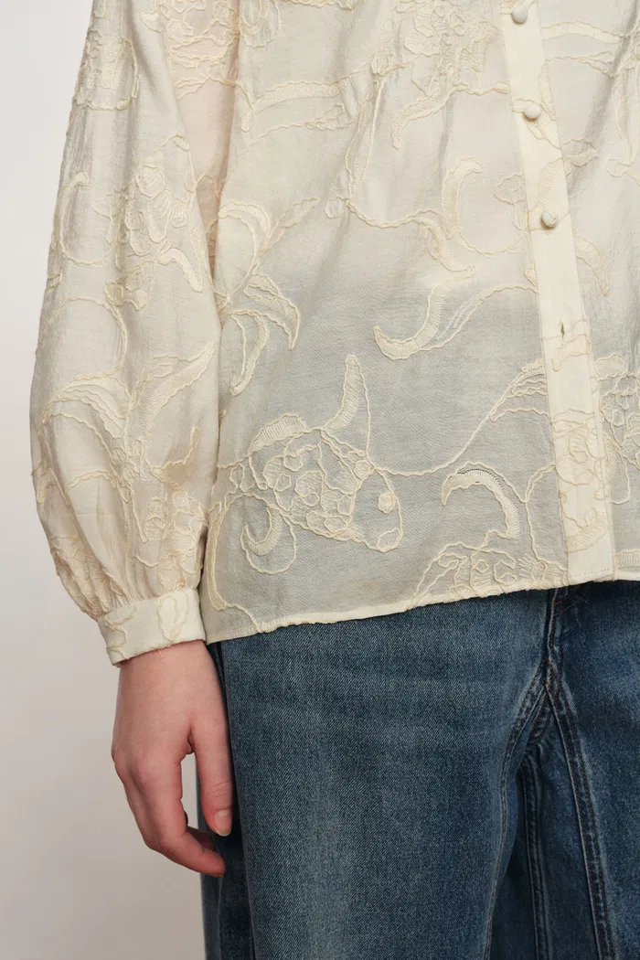 Veyra Embroidered Collarless Shirt in Lightweight Cotton Blend - Image 5