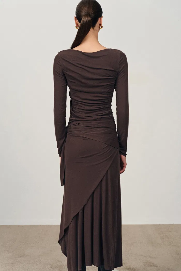Viet Runched Pleated Long Sleeve Maxi Dress in Tencel Merino Knit - Image 2