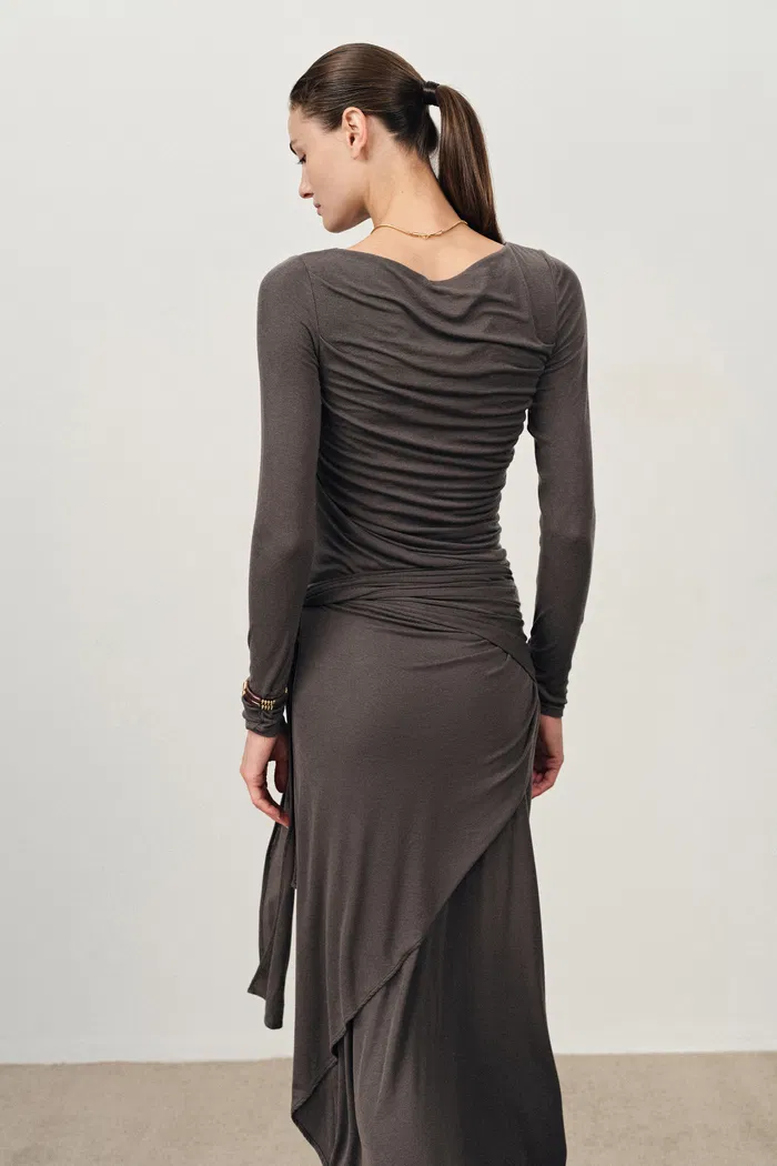 Viet Runched Pleated Long Sleeve Maxi Dress in Tencel Merino Knit - Image 2