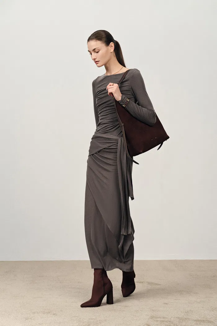Viet Runched Pleated Long Sleeve Maxi Dress in Tencel Merino Knit - Image 3