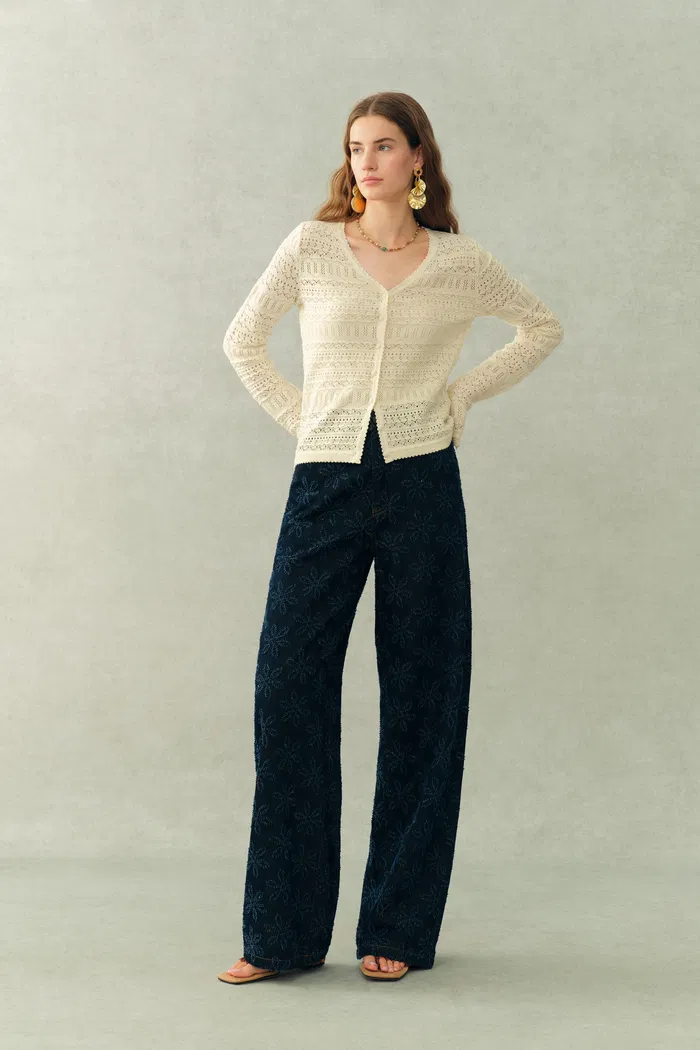 Vila Openwork Textured Lace-Trim V-Neck Cardigan In Fine Cotton Yarn Knit