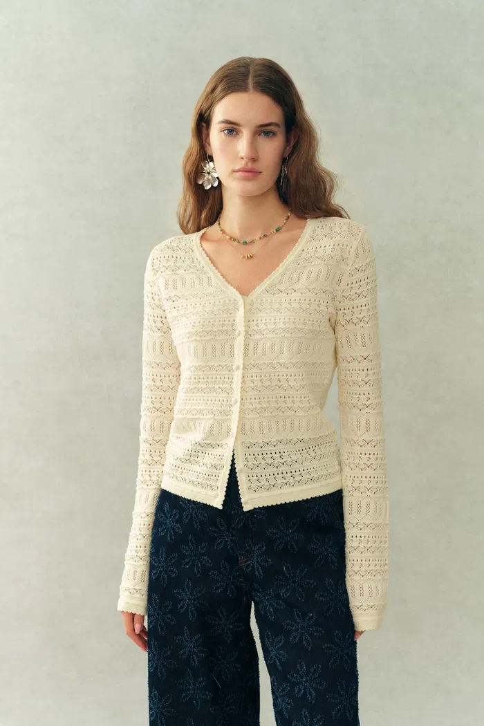 Vila Openwork Textured Lace-Trim V-Neck Cardigan In Fine Cotton Yarn Knit - Image 2