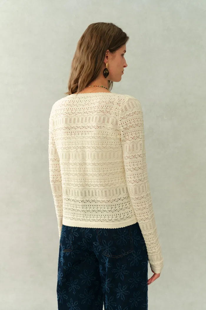 Vila Openwork Textured Lace-Trim V-Neck Cardigan In Fine Cotton Yarn Knit - Image 3
