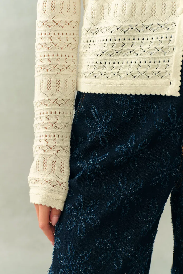 Vila Openwork Textured Lace-Trim V-Neck Cardigan In Fine Cotton Yarn Knit - Image 5